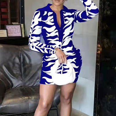 Print Turndown Neck Long Sleeve Bodycon Dress