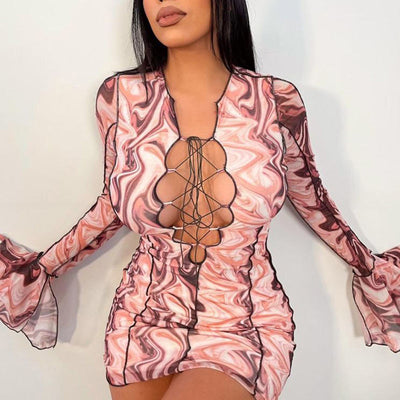 Print Flared Sleeve Lace Up Bodycon Dress