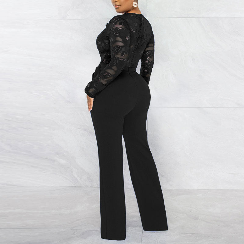 Solid V-Neck Long Sleeve Lace Belted Jumpsuit