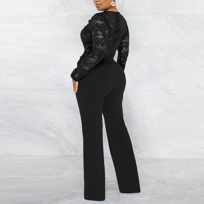Solid V-Neck Long Sleeve Lace Belted Jumpsuit