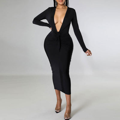 Solid Deep V-Neck Long Sleeve Ruched Midi Dress