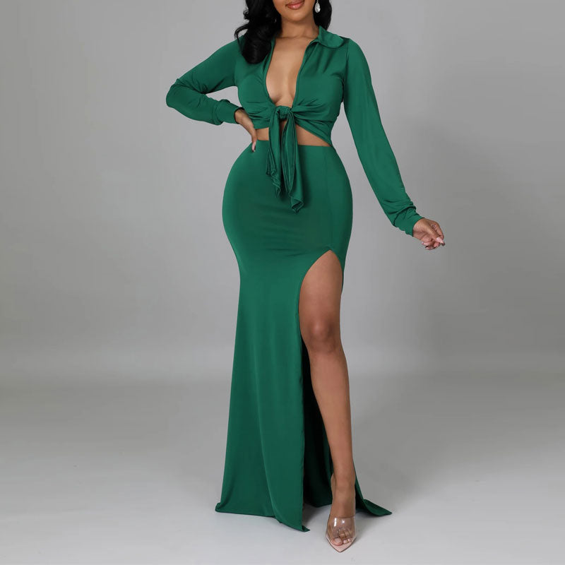 Solid Long Sleeve Blouse & High Slit Skirt Set