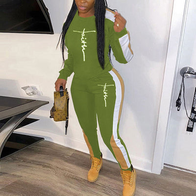 Colorblock Letter Print 2PCS Pants Set