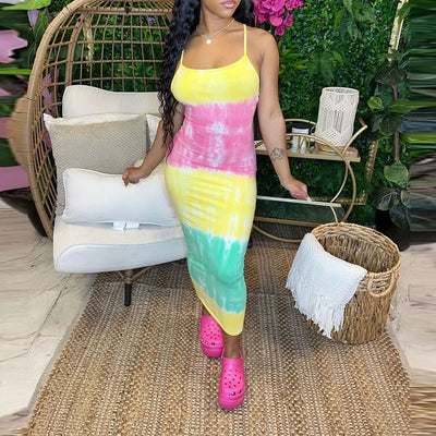 Print Sleeveless Spaghetti Strap Midi Dress