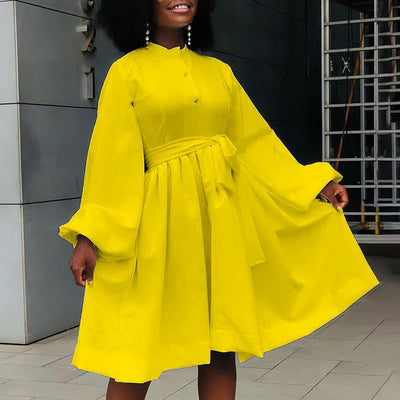 Solid Lantern Sleeve Button Detailed Pleated Dress