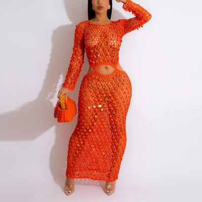 Sequins Hollow Out Long Sleeve Beach Dress