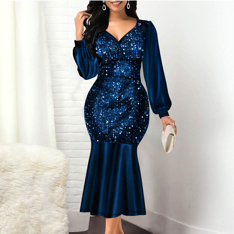 Sequins V-Neck Long Sleeve Fishtail Party Dress