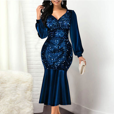 Sequins V-Neck Long Sleeve Fishtail Party Dress
