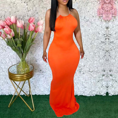 Solid Halter Backless Maxi Dress
