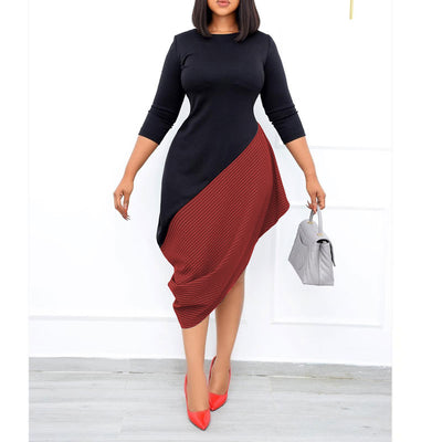 Colorblock Striped Pattern Long Sleeve Irregular Dress