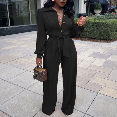 Solid Long Sleeve Button Detailed Belted Jumpsuit