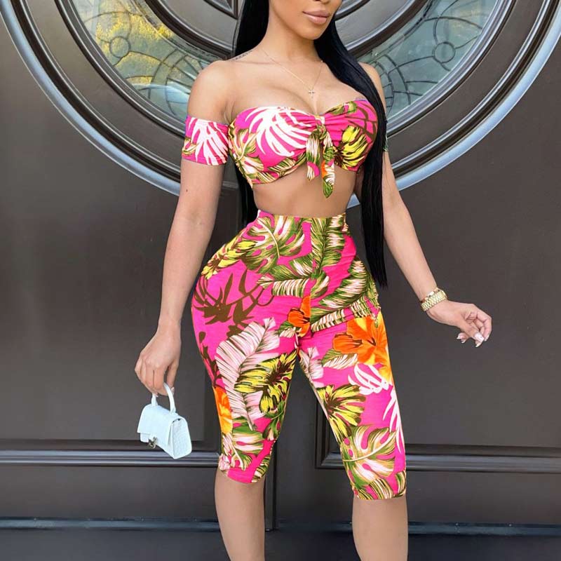 Leaf Pattern Off Shoulder Tube Top & Shorts Set