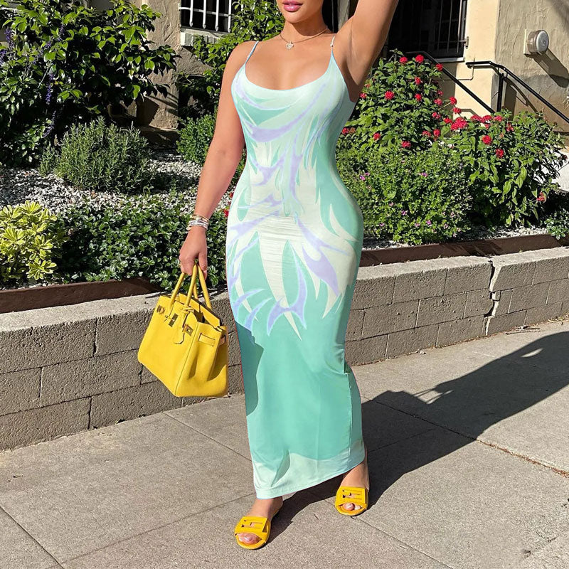 Print U Neck Backless Maxi Dress