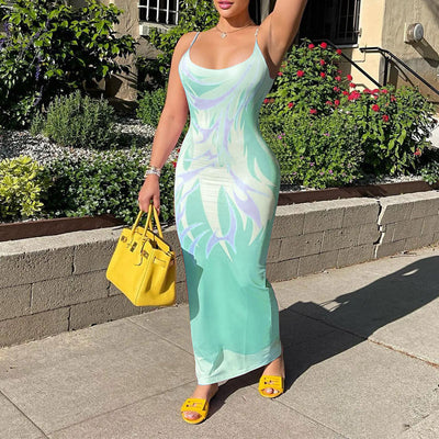 Print U Neck Backless Maxi Dress