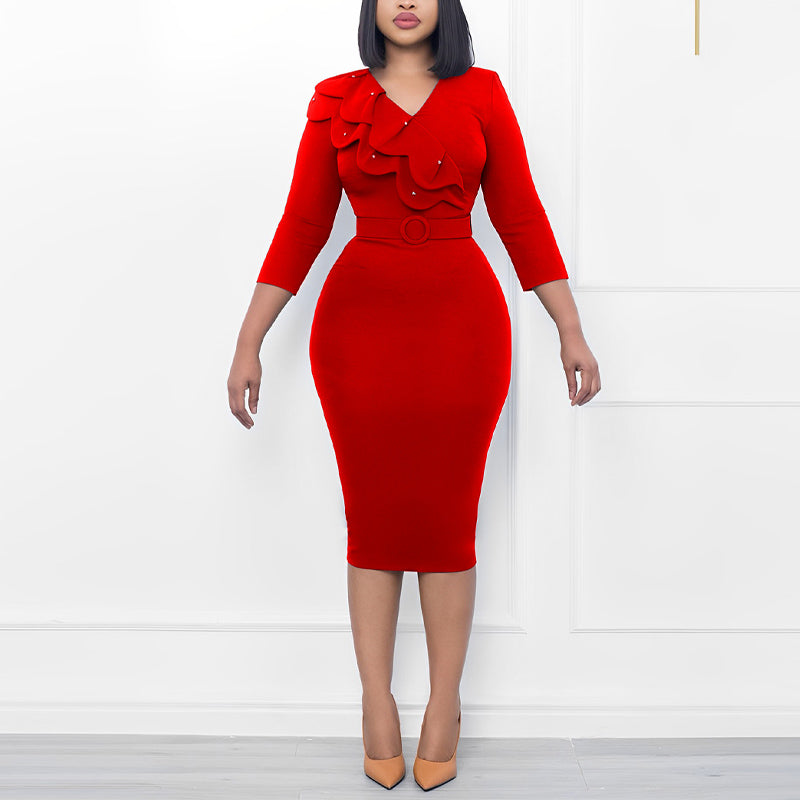 Solid Beaded Ruffled Midi Dress