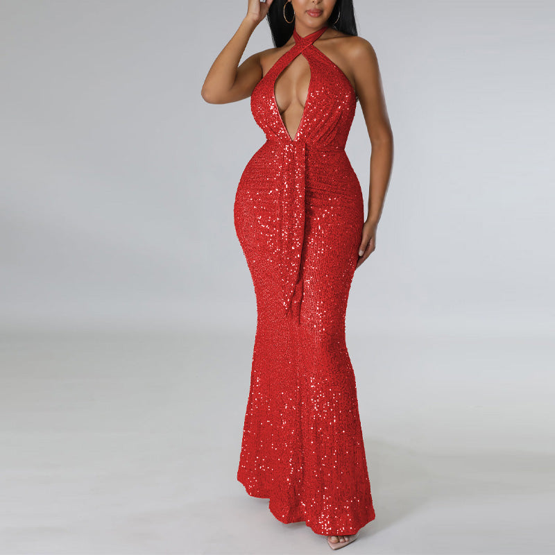 Sequins Halter Sleeveless Mermaid Evening Dress