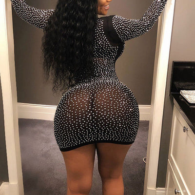 Rhinestone V-Neck Long Sleeve Sheer Mesh Bodycon Dress