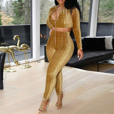 Solid Long Sleeve Hollow Out Crop Top & Pants Set