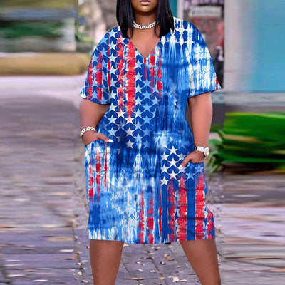 Independence Day Flag Print V-Neck Short Sleeve Loose Dress