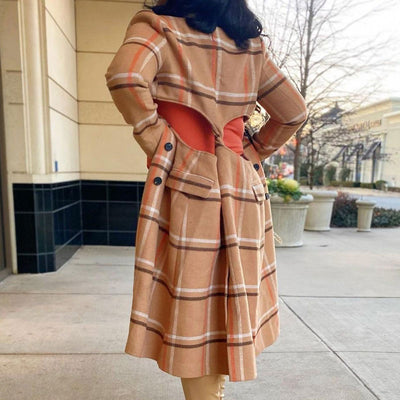 Plaid Pattern Long Sleeve Double Breatsed Cut Out Overcoat