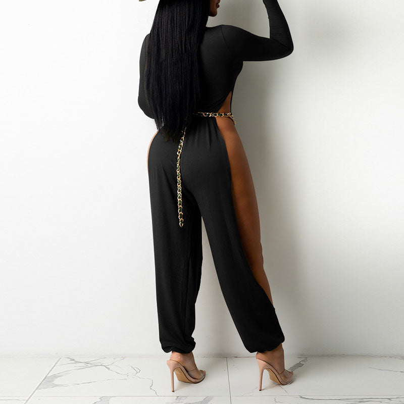 Solid Long Sleeve High Slit Jumpsuit