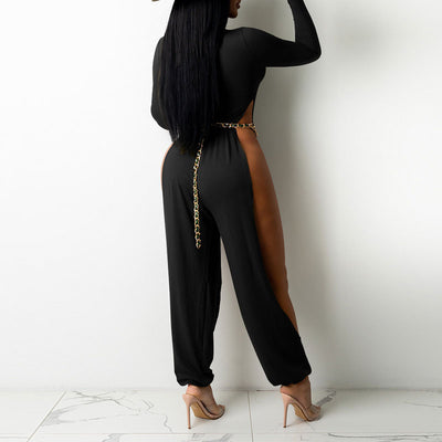Solid Long Sleeve High Slit Jumpsuit