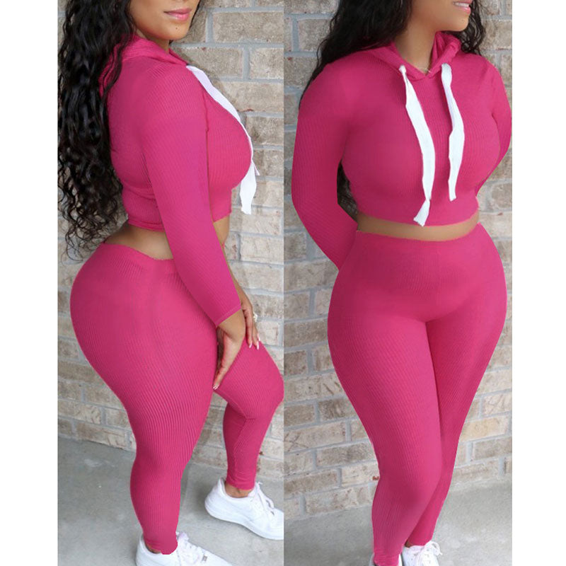 Solid Long Sleeve Hoodie Crop Top & Pants Set