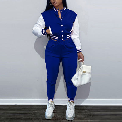 Colorblock Long Sleeve Button Detailed Baseball Coat & Pants Set