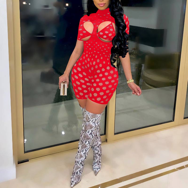 Solid Turtleneck Cut Out Short Sleeve Romper Set