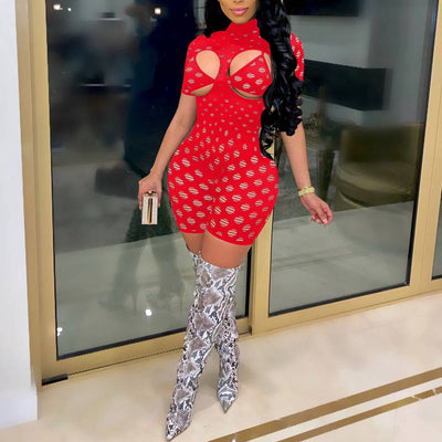 Solid Turtleneck Cut Out Short Sleeve Romper Set