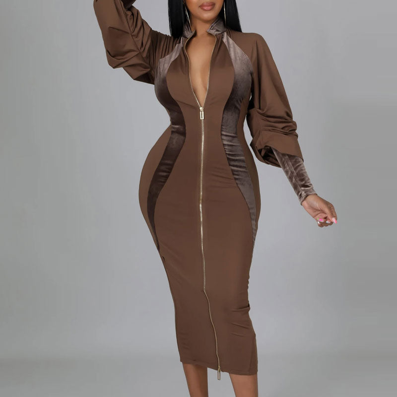 Velvet Patchwork Long Sleeve Zipper Design Midi Dress