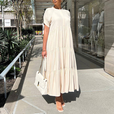 Solid Short Sleeve Pleated Maxi Shirt Dress