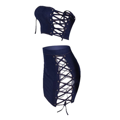 Solid Off Shoulder Hollow Out Lace Up Two Piece Skirt Set