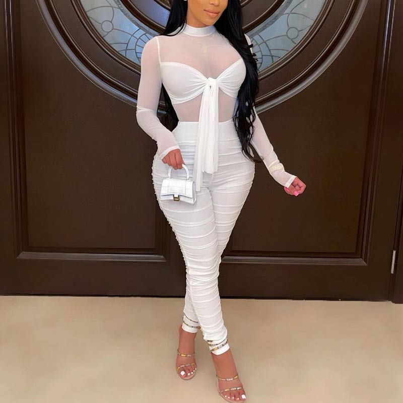 Solid Sheer Mesh Long Sleeve Jumpsuit