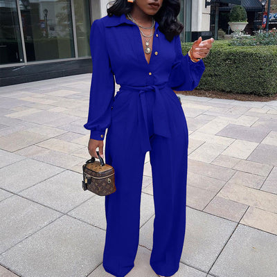 Solid Long Sleeve Button Detailed Belted Jumpsuit