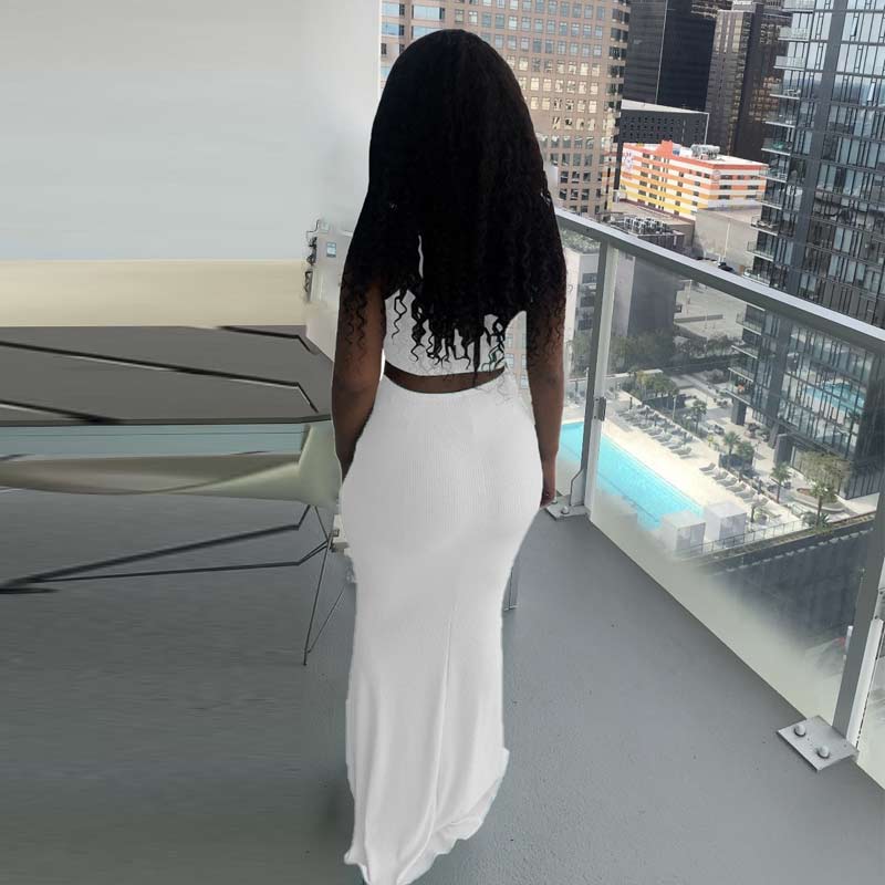 Solid Sleeveless Drawstring Crop Top & Skirt Set
