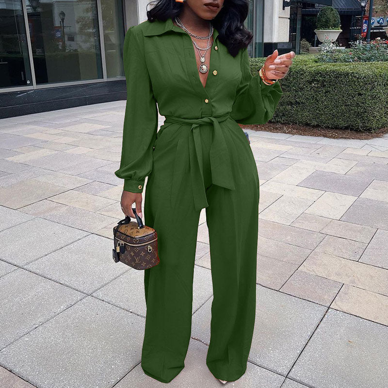 Solid Long Sleeve Button Detailed Belted Jumpsuit