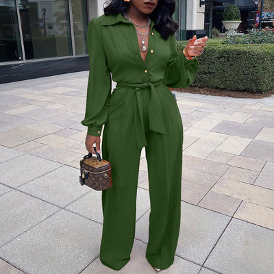 Solid Long Sleeve Button Detailed Belted Jumpsuit