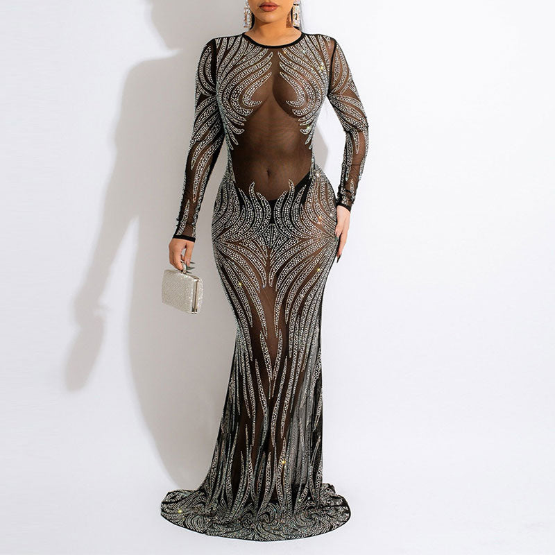 Rhinestone Long Sleeve Sheer Mesh Maxi Dress