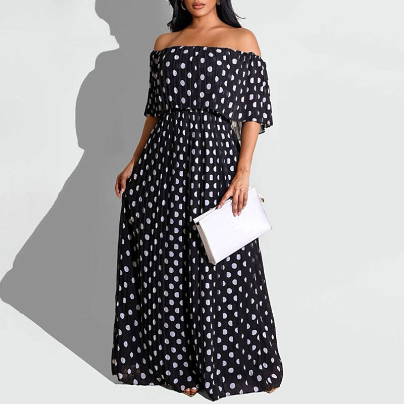 Polka Dot Print Off Shoulder Short Sleeve Maxi Dress