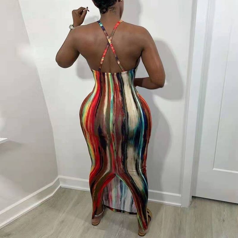 Tie Dye Print Backless Maxi Dress