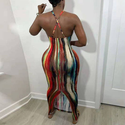 Tie Dye Print Backless Maxi Dress