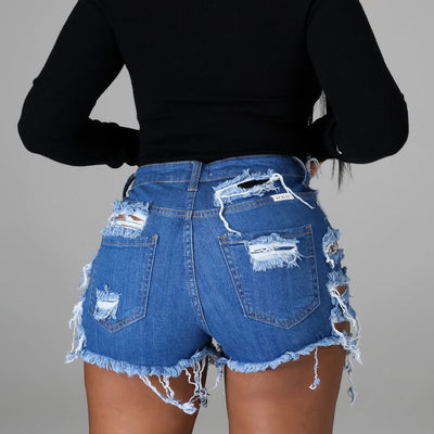 Solid High Waist Cut Out Denim Shorts