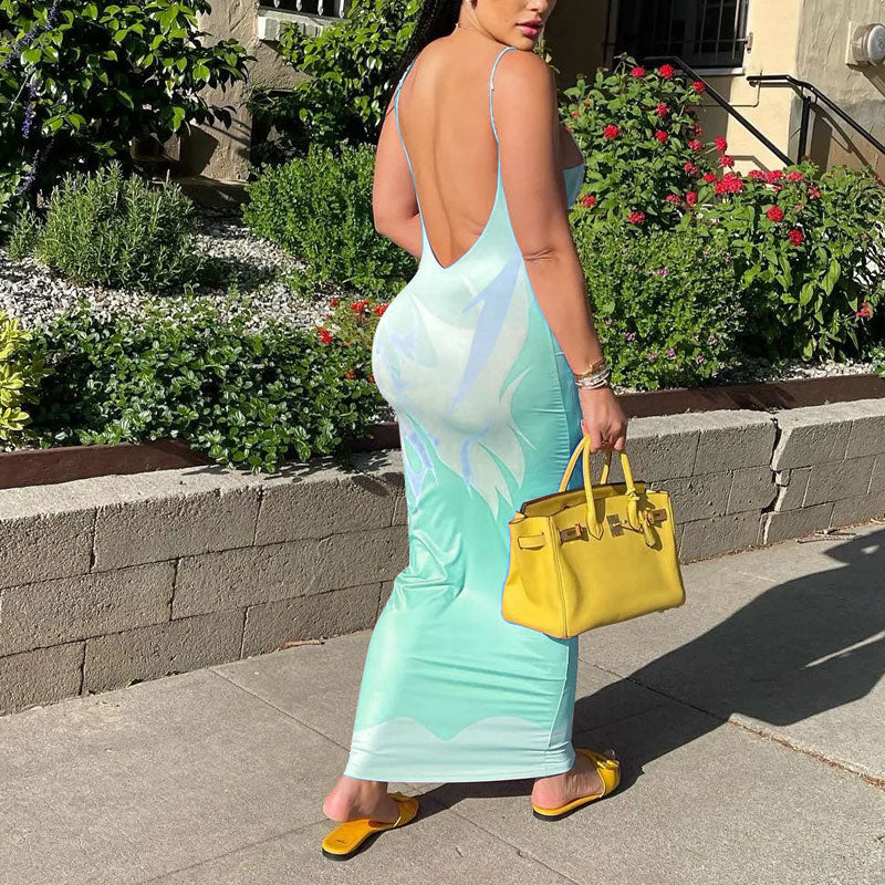 Print U Neck Backless Maxi Dress