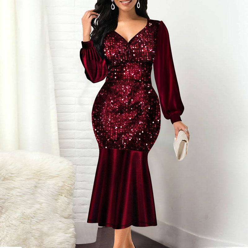 Sequins V-Neck Long Sleeve Fishtail Party Dress