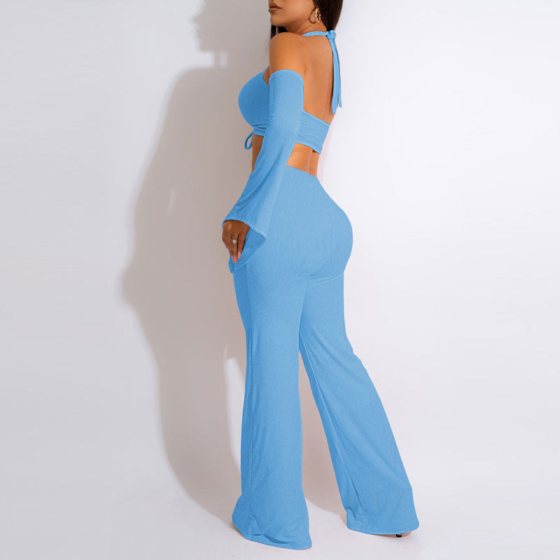 Solid Cold Shoulder Cut Out Crop Top & Wide Leg Pants Set