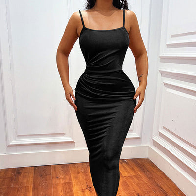 Solid Sleeveless Ruched Spaghetti Strap Midi Dress