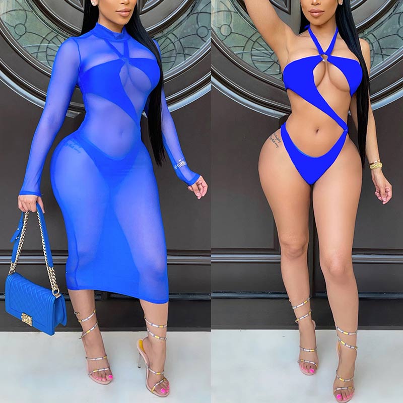 Solid Sheer Mesh Cover Up Two Piece Swimsuit Set