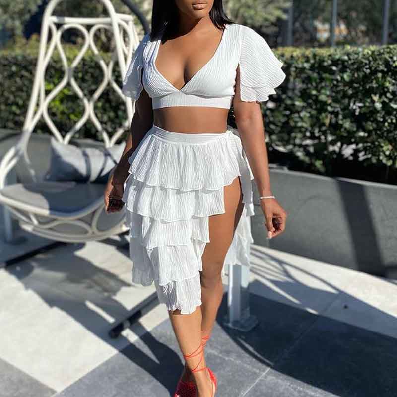 Solid V-Neck Ruffle Design Crop Top & Slit Skirt Set