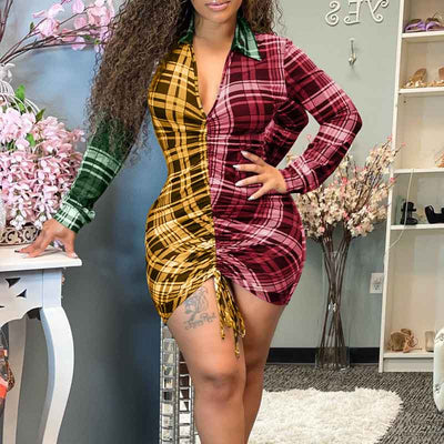 Plaid Pattern Long Sleeve Drawstring Shirt Dress